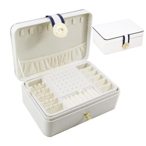 FOREVERIE Premium Jewellery Box Organiser with Removable Tray for Women & Girls, PU Leather Necklace Earrings Rings Bracelets Bangles Holder Storage Boxes with Two Layers Display, White