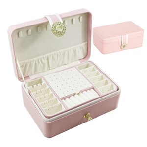 FOREVERIE Elegant Jewellery Box with Two Layers Display for Necklace, Earrings, Rings, Bracelets & Watches, PU Leather Jewellery Organiser with Removable Tray for Women & Girls, Pink