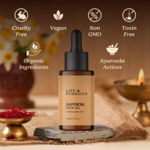 Life & Pursuits Saffron Face Oil 30 ml with Bakuchi/Bakuchiol (plant Retinol), Vitamin C for Face Brightening, Dark Spots, Fine Lines, Wrinkles. Lightweight Daily Face Massage Oil | Anti-Aging