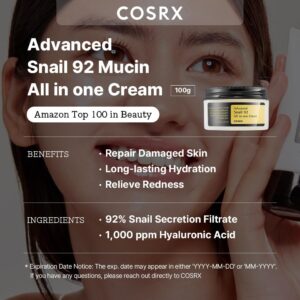 COSRX Snail Mucin 92% Repair Cream 100g, Daily Face Gel Moisturizer for Dry Skin, Acne-prone, Sensitive Skin, Not Tested on Animals, No Parabens, Korean Skincare