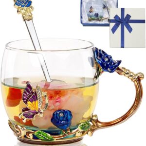 AISVELDY Flower Tea Cup,Butterfly Rose Clear Glass Fancy Coffee Mug with Spoon,Gift Box for Her Mom Wife Grandma Girls Women Christmas Birthday Present Idea for Juice,Hot and Cold Drinks Use