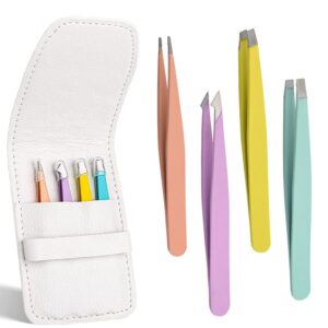 Eyebrow Tweezers, 4 Pack Stainless Steel Slant Tweezer Set and Pointed Hair Removal Tweezers, Precision Tweezers for Ingrown Hair, Eyebrows Plucking, Daily Beauty Tool (multicolor)