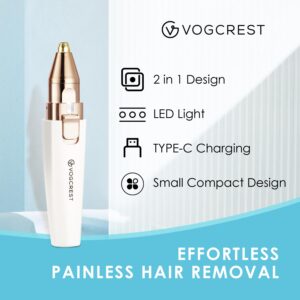 Rechargeable Eyebrow Trimmer & Facial Hair Remover for Women, 2 IN 1 Eyebrow Razor and Flawless Hair Remover, Eyebrow Lips Nose Body Facial Hair Removal for Women with Built-in LED Light (White)
