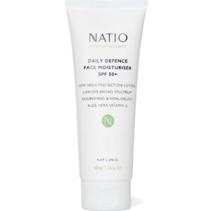 Natio Australia Aromatherapy Daily Defence Face Moisturiser SPF 50+ 100ml - Daily Face Lotion & Sunscreen - Broad Spectrum UVA/UVB, Fragrance Free, Hydrating - Aloe Vera & Vitamin E - Made in Australia