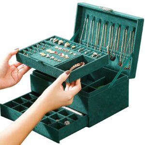 ProttyLife Jewelry Organizer Box for Women Girls, 3-Tier Jewelry Display Case & Organizer, Lockable, Anti-Tarnish, Varying Compartments for Necklaces, Bracelets, Rings