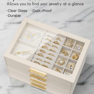 Vlando 4 Layer Jewelry Box for Women, Glass Lid Jewelry Organizer with 4 Drawers for Necklaces Rings Earrings Bracelets - Cloud White