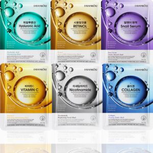 FAYANKOU Bio-Active Sheet Mask Set (6 Pack) – Advanced Formulation K-Beauty Skincare – Hydrating, Brightening & Anti-Aging Face Masks with Collagen, Snail Mucin, Retinol, Hyaluronic Acid, Vitamin C, Niacinamide – Sensitive Skin, Vegan, Cruelty-Free, Free