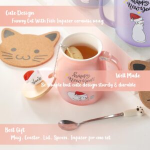 BigNoseDeer Christmas Mugs Kawaii Ceramic Cat Mug Tea Cup Cute Mugs Coffee Mug with Lid Spoon Tea Mug for Women 13oz