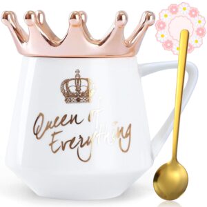 Arawat Queen of Everything Mug with Lid Sweet White Mug with Crown Coffee Mugs Gift with Spoon & Coaster 12 oz Ceramic Cup Birthday Gift Women Girls Mom Girlfriend Mothers Day Gifts