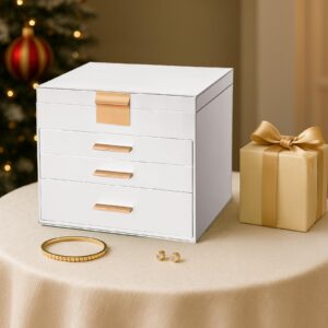LIAN Large Jewelry Box Organizer 4 Layer Jewelry Holder Organizer with Mirror Leather Jewelry Case for Necklace Earrings Bracelet Storage for Women Girls(4 layer White)