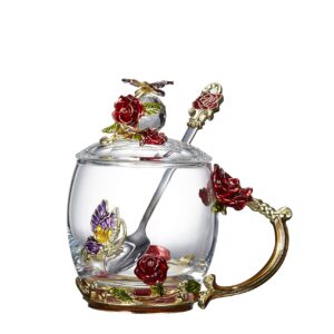 Guon-Wuvl Flower Teacup Transparent Glass Teacup, (With Spoon + Lid), Fancy Tea Cups,Tea Cup Gift, Gifts for Women,Mother's Day Present. (Rose Red Short Cup)