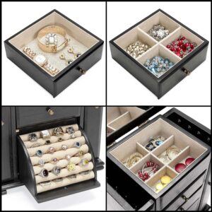 Jewelry Box for Women, Rustic Wooden Jewelry Boxes & Organizers with Mirror, 4 Layer Jewelry Organizer Box Display for Rings Earrings Necklaces Bracelets (Black)