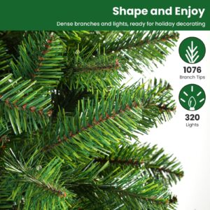 SHareconn 7ft Prelit Premium Artificial Hinged Classic Spruce Christmas Tree with Pre-lit 320 Warm White Lights, 1076 Branch Tips and Foldable Stand, 8 Light Modes, Xmas Decoration, 210CM, Green