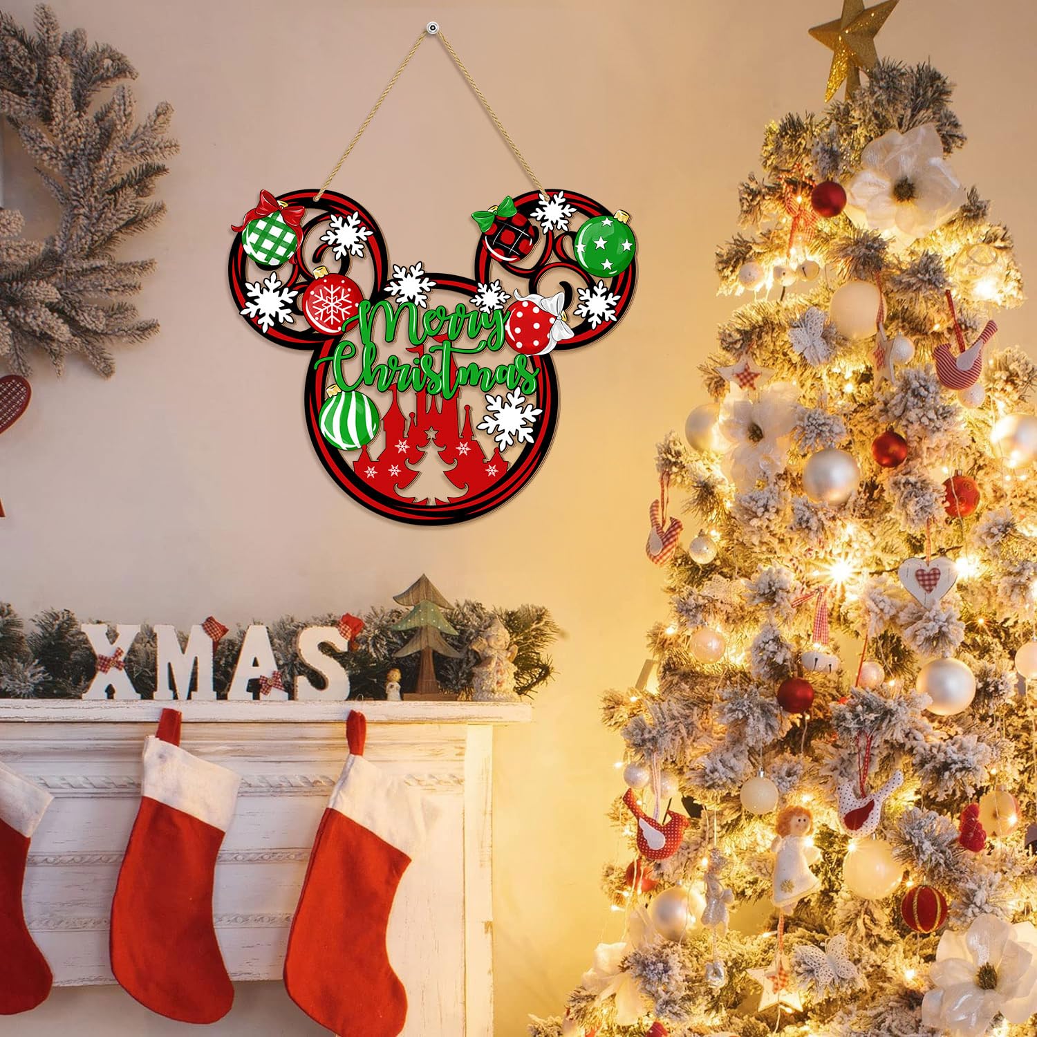 Christmas Mouse Door Sign Decorations, Merry Christmas Wooden Door Hanging Sign Snowflakes Wreath Ornaments for Front Door Decor Christmas Ball Mouse Shaped Winter Wall Xmas Party Holiday Supplies