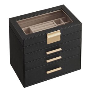 SONGMICS JBC161B02 4 Tier Jewellery Box with Glass Lid 3 Drawers Sunglasses Large Jewellery Storage Modern Graphite Black Gold