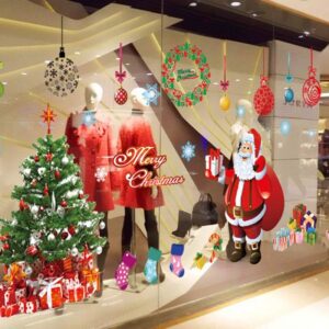 YULOONG Christmas Windows Static Stickers Colorful Clings Removable Vinyl Santa Claus Christmas Tree Snowman Snowflake Deer DIY Wall Window Door Mural Showcase Large Decal Sticker