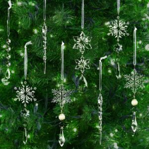 OuMuaMua 18pcs Christmas Tree Decoration Crystal Ornaments - Hanging Acrylic Snowflake Icicle Drop Crystal Ornaments for Christmas Tree Winter New Year Party Supplies, Silver