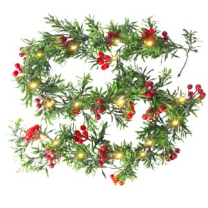 Ninonly 2 Pack Christmas Garland with 70 LED Lights, 1.8M Christmas Garland Decoration with Red Berries, Battery Operated Xmas Garland Indoor for Door Mantel Stairs Fireplace